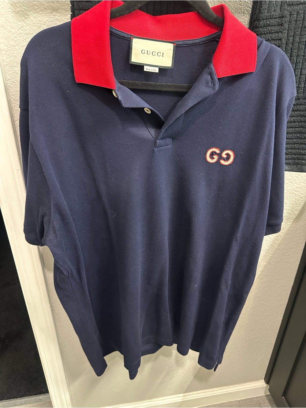 Gucci Navy Polo with Red Collar and Embroidered GG